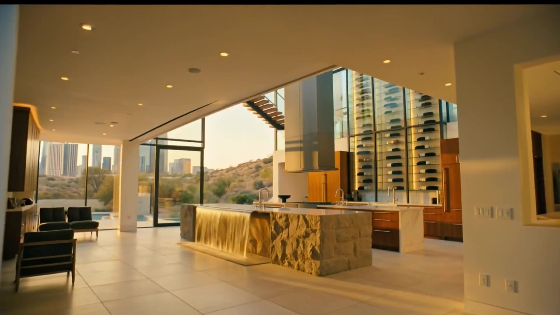 The Kitchen — Waterfall stone · backlit wine wall